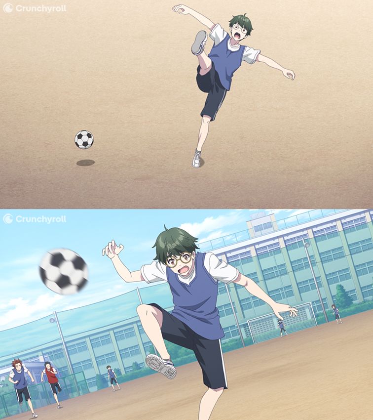 Two images of Kenta from Chitose Is in the Ramune Bottle. In the top image, Kenta swings his leg wildly as a soccer ball bounces past him. In the bottom image, Kenta unsteadily lifts one leg as a soccer ball flies towards him.