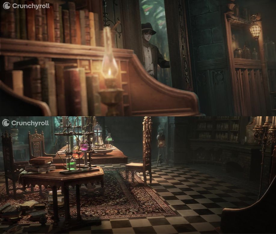 Two images from Lord of Mysteries. The top image features Klein standing in the doorway of a dimly lit alchemy room. The bottom image features an ornate alchemy room with two tables filled with laboratory glassware, filled with various colorful liquids.