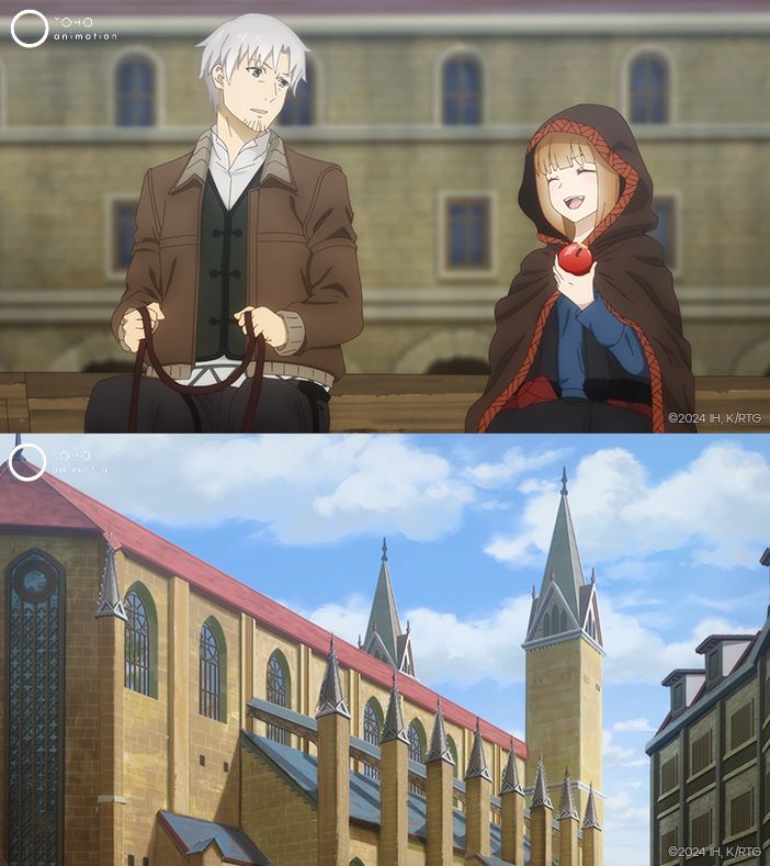 Two images from Spice and Wolf: MERCHANT MEETS THE WISE WOLF. In the top image, Lawrence and Holo sit next to each other as they ride in a carriage. The bottom image features an ornate church.
