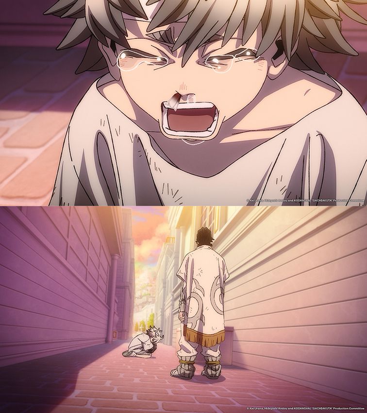 Two images from Gachiakuta. The top image features a tearful Rudo sobbing, with bandages on his head and up his nose. The bottom image features a young Rudo kneeling on the ground with his head in his hands as Regto stands watching him.