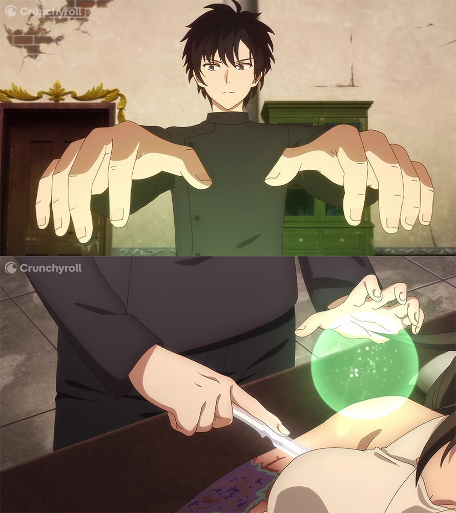 Two images from The Brilliant Healer's New Life in the Shadows. In the top image, Zenos stands with his arms outstretched, lit underneath by a subtle green glow. The bottom image features a close-up of Zenos's hands. One hand holds a translucent scalpel as he cuts into an infected arm, while the other focuses a glowing green orb above the infected area.