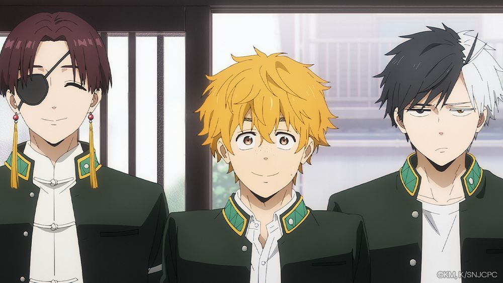 Sakura, Nirei, and Suo from WIND BREAKER Season 2 stand walking together. Nirei hugs both Sakura and Suo's arms with an excited look, Sakura has a nervous expression on his face, and Suo stands smiling.