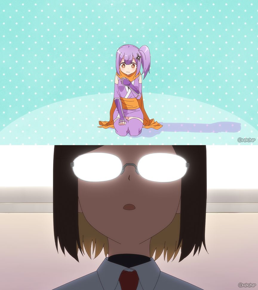 Two images from A Ninja and an Assassin Under One Roof. In the top image, Satoko looks nervous as she sits on her heels with her face turned down. The bottom image features Konoha looking down as light flashes on her glasses, obscuring her eyes.