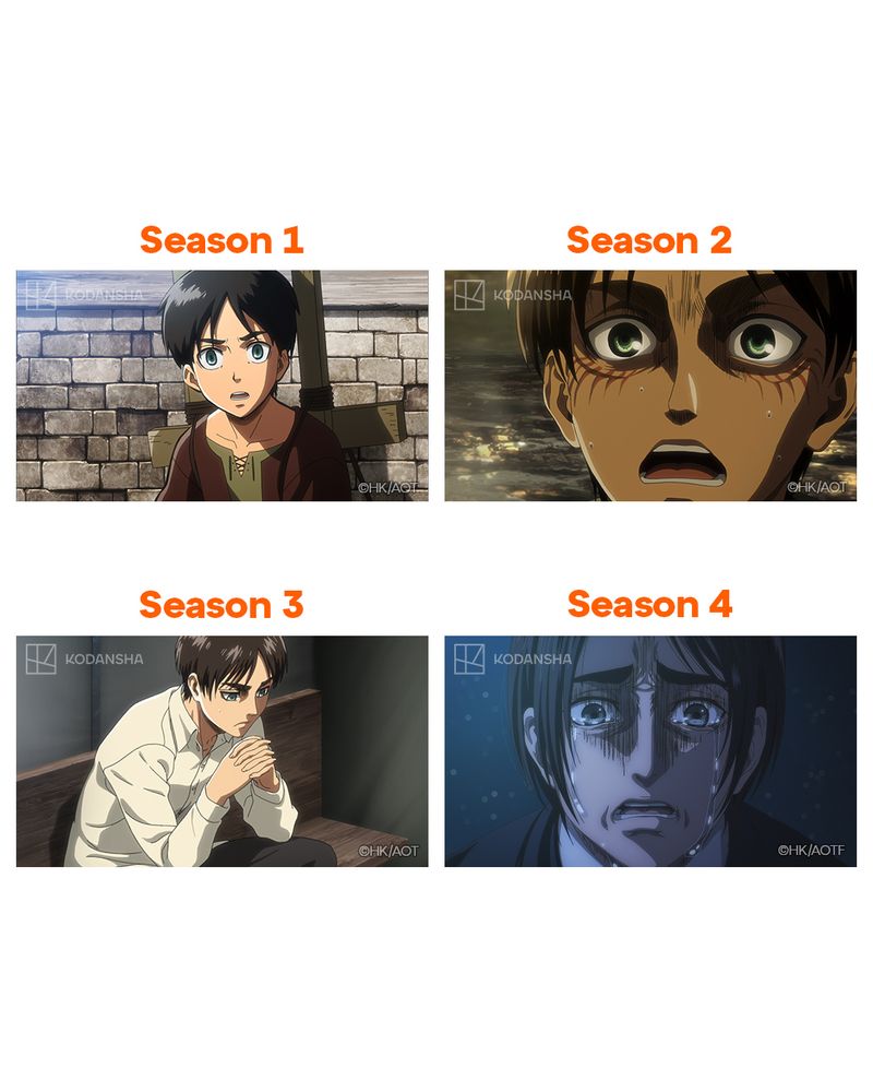 Graphic with four images of Eren Jaeger from Attack on Titan. The first image features a young Eren Jaeger with text above that reads, 