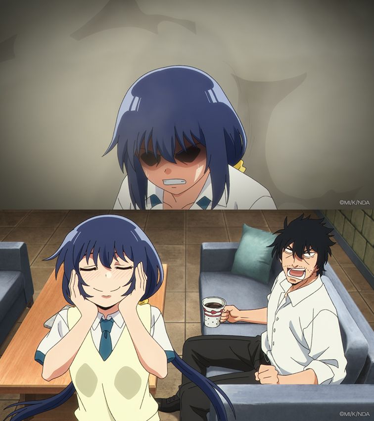 Top half: Mashiro Nakanishi from Detectives These Days Are Crazy! seethes in a cloud of grey smoke. Bottom half: Mashiro Nakanishi stands in front of a table, holding her smiling face in her hands. Behind her, Keiichiro Nagumo sits on the couch with a cup of coffee in his hands and a furious expression on his face. 