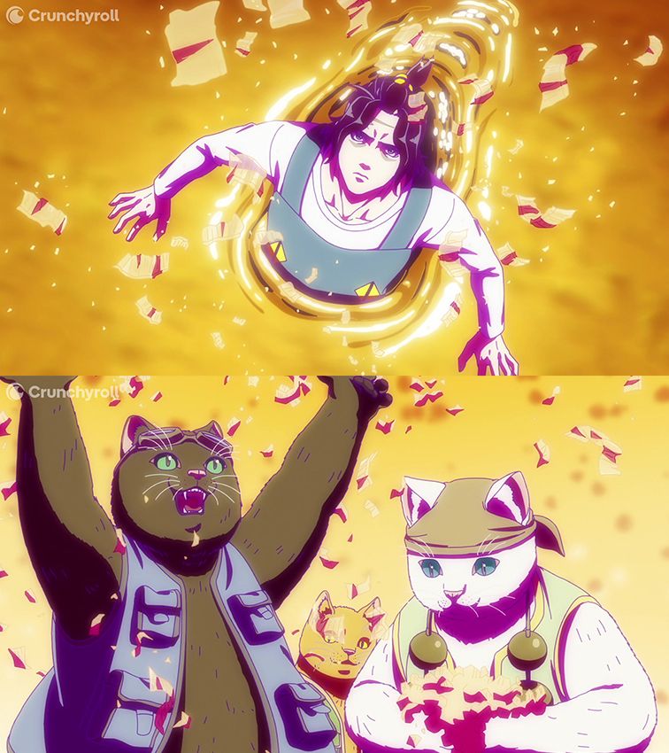 Two images from Nyaight of the Living Cat. The top image features Kunagi wading through liquid while bonito flakes rain from above. The bottom image features three anthropomorphized cats gathering and throwing bonito flakes in the air.