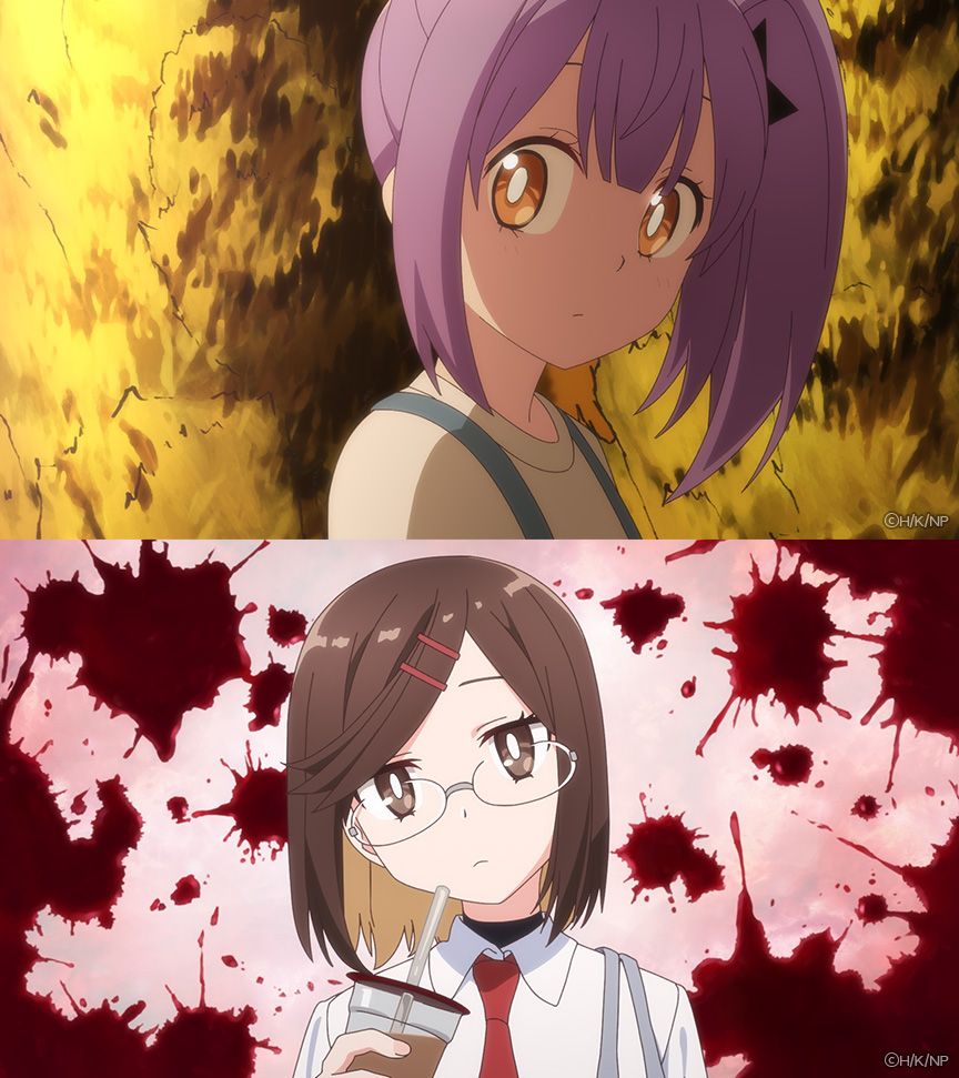 Two images from A Ninja and an Assassin Under One Roof. In the top image, Satoko stares to her side as she walks past a group of trees. The bottom image features Konoha with her head tilted, holding a boba, with a bloody background behind her.