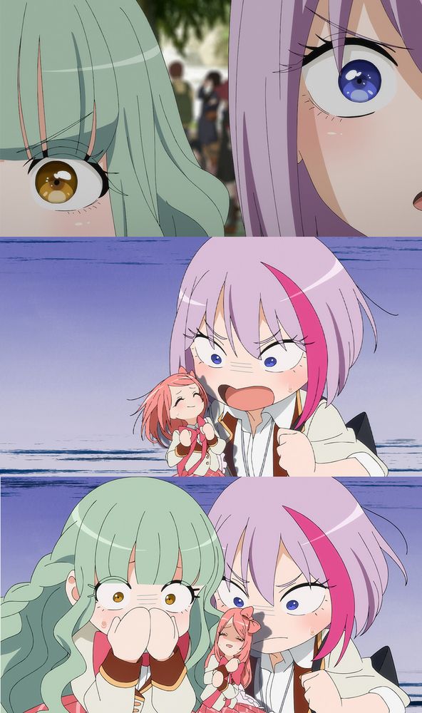 Three images from My Dress-Up Darling Season 2. The top image features an extreme close-up of two people cosplaying Haruka Sairenji and Sena Ichijiku from Space Idols Cosmic Lovers. The next image features a large chibi version of the Haruka Sairenji cosplayer speaking emphatically to a tiny chibi version of Amane Himeno in cosplay as Subaru from Space Idols Cosmic Lovers. The bottom image features large chibi versions of the Haruka Sairenji and Sena Ichijiku cosplayers staring intensely at a tiny, nervous chibi version of Amane Himeno in cosplay as Subaru.
