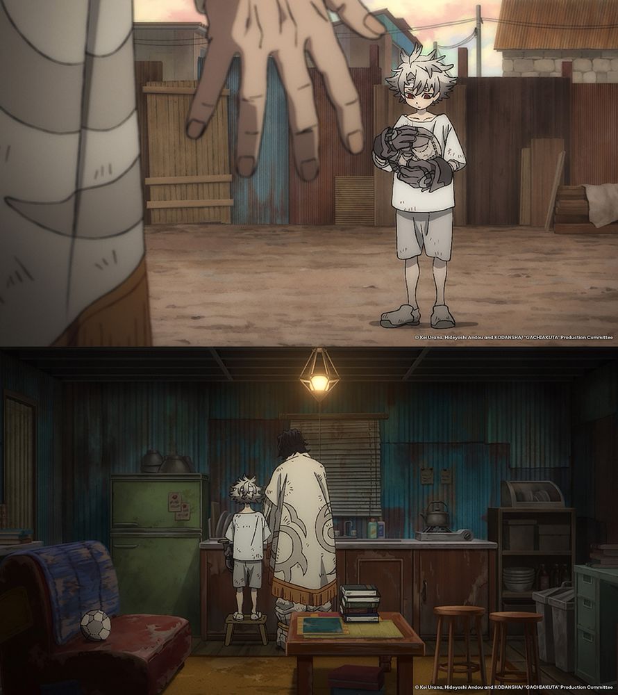 Two images from Gachiakuta. The top image features Regto standing in front of a young Rudo gingerly holding a patched-up ball. The bottom image features Rudo standing on a small stepstool next to Regto at his kitchen countertop.