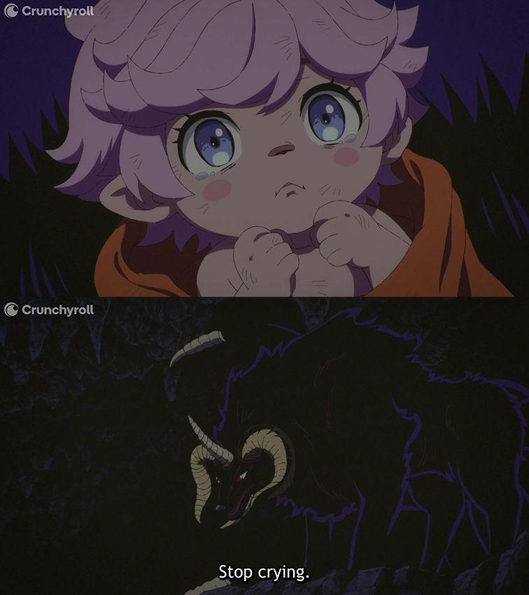 Two images from Clevatess. The top image features a close-up of Luna with tears in his eyes, wrapped in a blanket, with his hands at his chin. The bottom image shows Clevatess in his Dark Beast form staring down at Luna. Text below reads, 