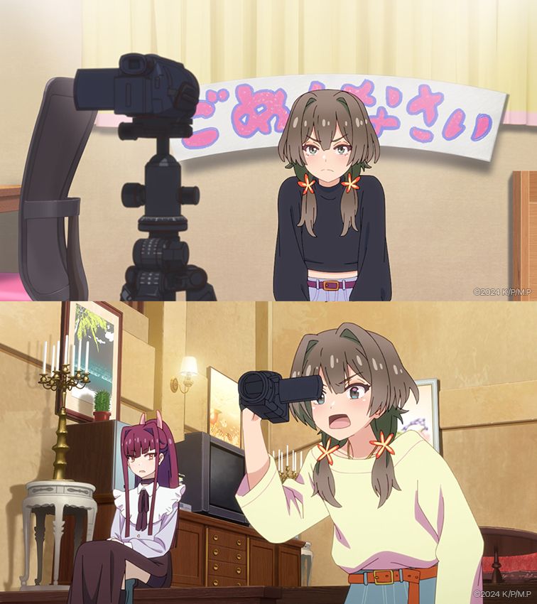 Two images from MAYONAKA PUNCH. The top image shows Masaki sitting in front of a camcorder with an apology sign behind her. In the bottom image, Masaki holds a camcorder as Yuki watches her film.