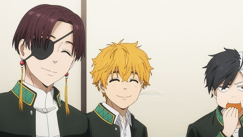 A close-up of Suo, Nirei, and Sakura from WIND BREAKER Season 2. Suo and Nirei are smiling while Sakura sits in the corner eating a bun.