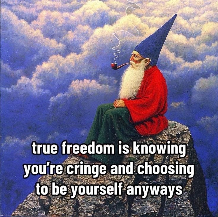 A bearded gnome with a pointy hat, red robe, and baggy green pants sits atop a rock, smoking a pipe. Behind him are clouds. Text: 