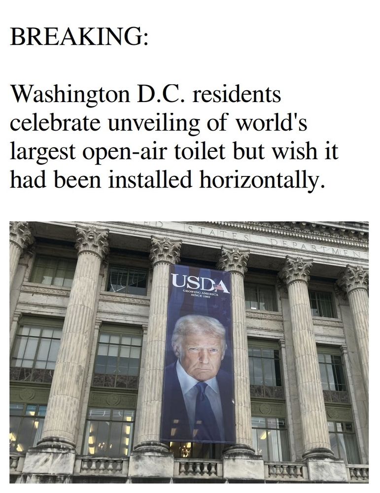 Banner of a glowering Donald Trump hanging in front of the U.S.D.A. Newspaper style headline on top: 