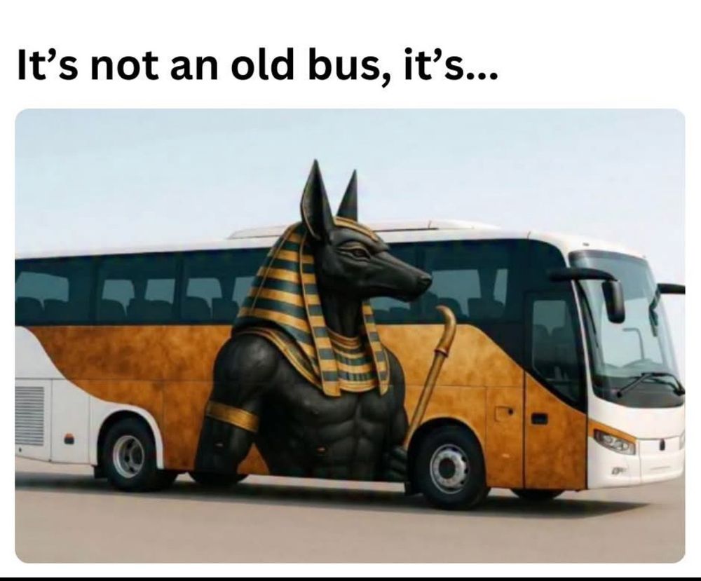 Photo of a tourism bus with a large image of the ancient Egyptian god Anubis painted on the side.