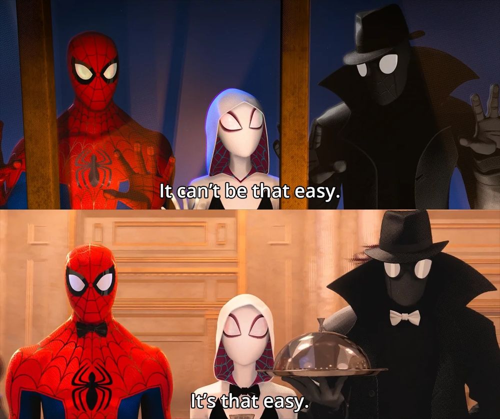 The “It can’t be that easy” moment from the original Spiderverse
