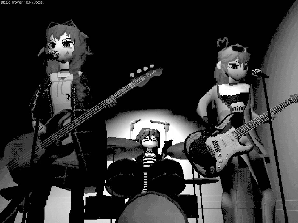 A black and white photo depicting 3 women in their 20's. From left to right, Hirover, wearing a beige hoodie and a large flannel shirt wields a bass and is seen singing agressively into the mic while strumming to a song. In the middle is Berry, looking excited with her arms in the air about to hit the drums. lastly is Ska on the right, confidently and kinda smugly looking at her own playing. While not shown (cause there's no audio, duh) they're playing "Stuck With Me" by Green Day (also where the visual of this piece comes from). The three of them are part of a three-piece punk rock/alt rock band called Nitro Dolphin Revolution. They have a tendency to play Green Day covers a lot, as it is Hirover's favorite band.