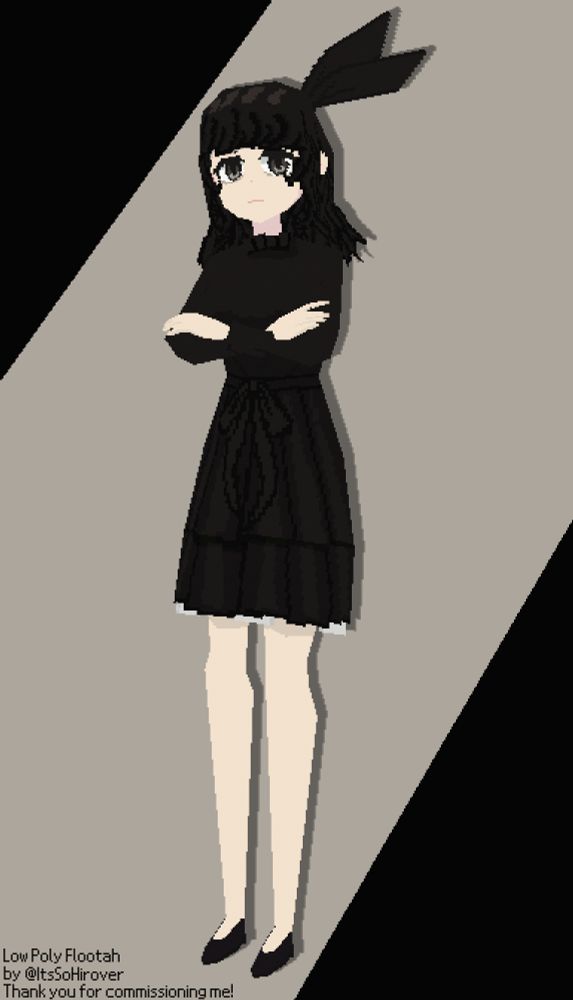 A low poly rendition of Flootah, a person dressed in black with a large bow 
