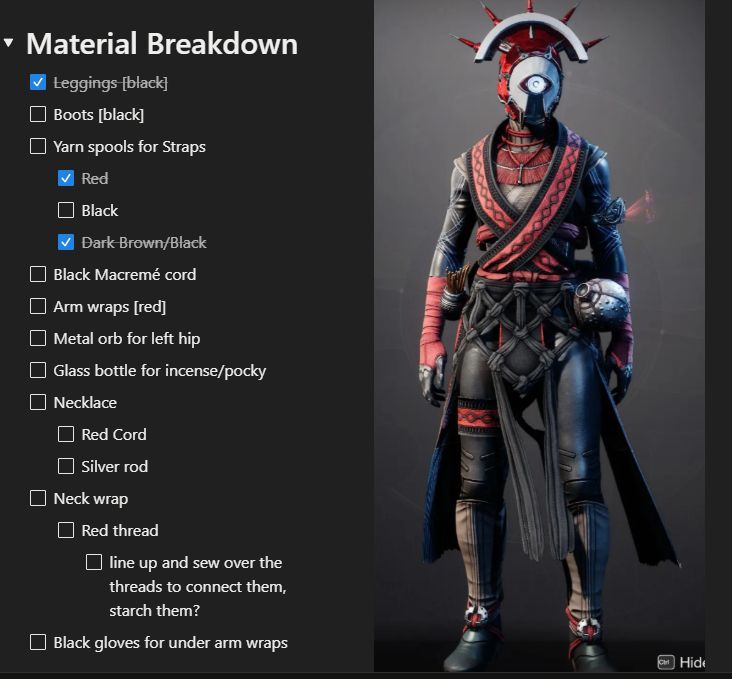 A screenshot of an outfit from Destiny 2 on a female warlock. To the left of the picture is a list of materials needed to reproduce the costume in real life.