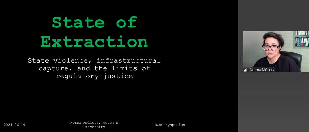 Zoom screenshot: to the right is an image of Norma Möllers who is wearing a black top, glasses, and hoop earrings. In the background there is a bookshelf. To the left is a presentation slide showing the title 'state of extraction' written in green on a black slide 