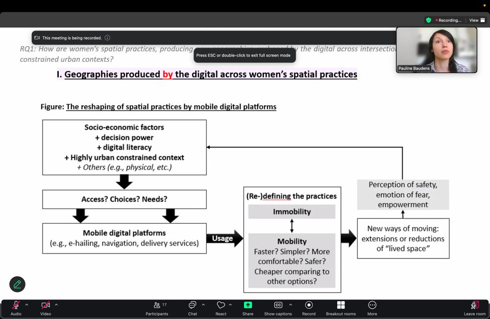 Shared PowerPoint screen which shows a figure which shows the reshaping of spatial practice by mobile digital platforms and a thumbnail of presenter 