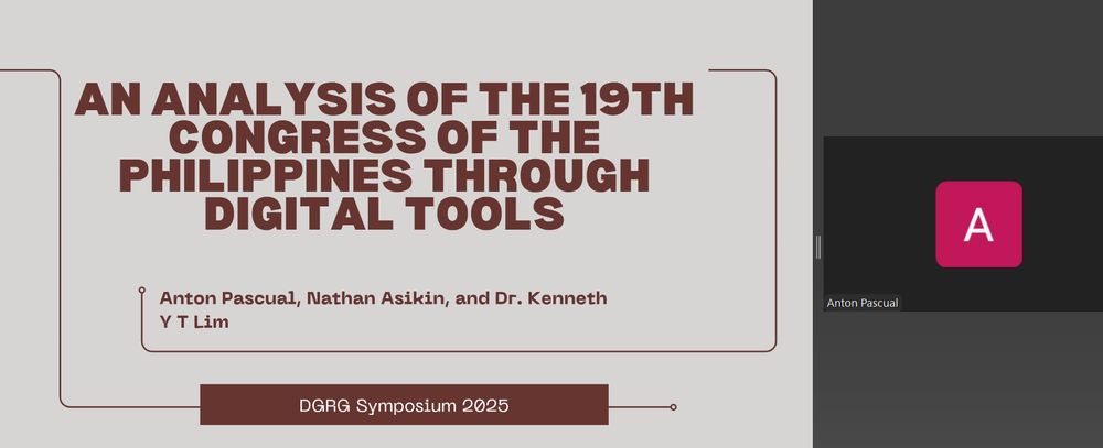 Zoom screenshot: to the right Anton is represented by a letter A with a bright pink background and the A in a white font. To the left is a presentation slide showing the title Analysis of the 19th Congress of the Philippines Through Digital Tools 