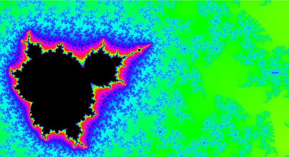 a color rendering of a small portion of the Mandelbrot set, with the hue of each pixel proportional to the number of iterations performed to verify the pixel is outside the set.
