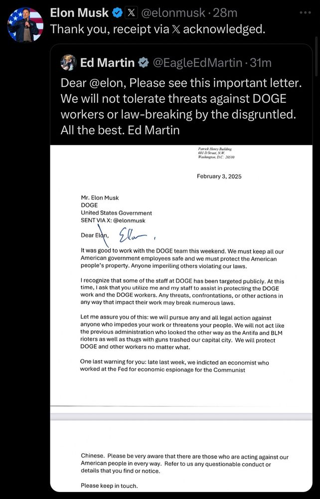 Elon Musk tweets a letter from the U.S. attorney for the District of Columbia.