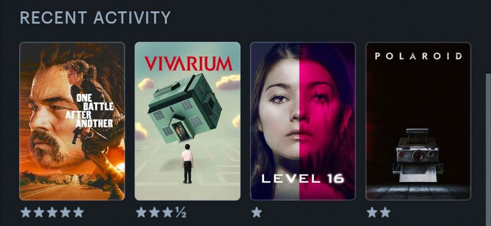 Letterboxd Last 4 movie posters of - 
"One Battle After Another" , "Vivarium" , "Level 16" , "Polaroid".