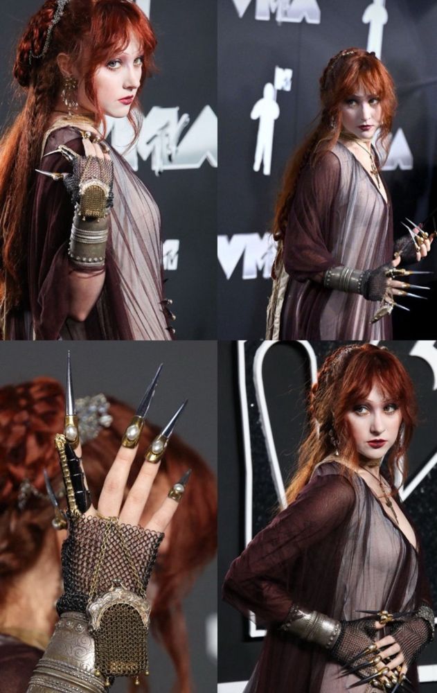 A collage of Chappell Roan’s knight performance outfit. There are four angles: one over the shoulder, one over the shoulder farther away, one of just her gloves/nails, and one from her hip up. She is smoking hot from all angles. 