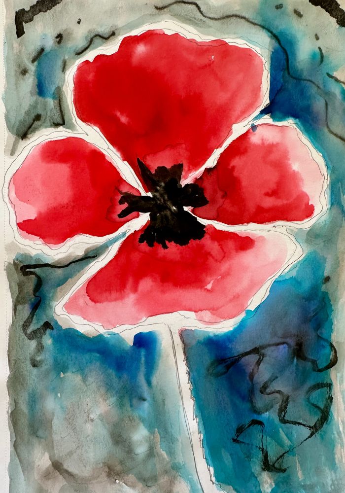 A large representation of a Corn Poppy in bright red with a bold black center boss. Vivia Colorsheet watercolor on Canson Mixed Media paper.
