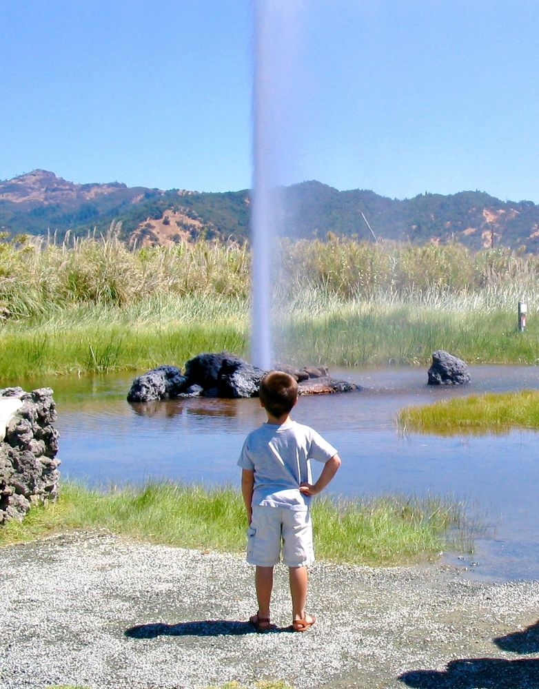 A little boy in the foreground, right hand on hip, staring at a small geyser shooting water into the sky. In the background, the rolling, oak-studded hills of Sonoma County, California.