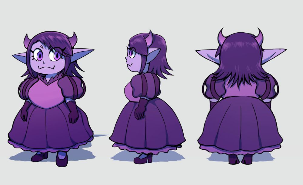 Turnaround sheet of a purple demon in a dress