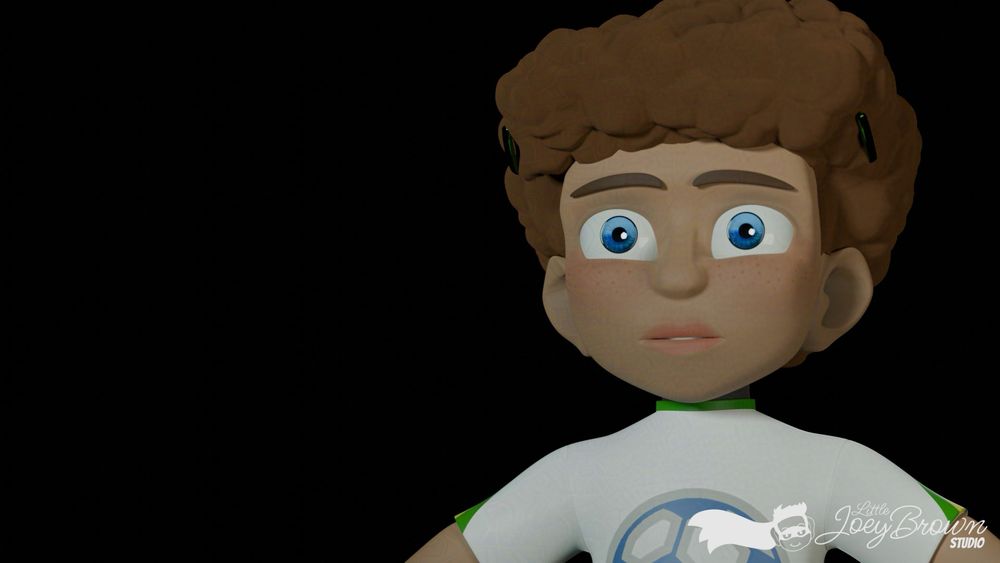 A 3D rendering of a small child character. They’re wearing a white shirt with yellow, green, and blue stripes. There is a soccer ball logo on the front of the shirt. They have big, brown curly hair with barrettes holding the sides back. They have light brown skin with pink cheeks and freckles. They have big blue eyes, wide open. The neutral expression somehow still looks sad. 