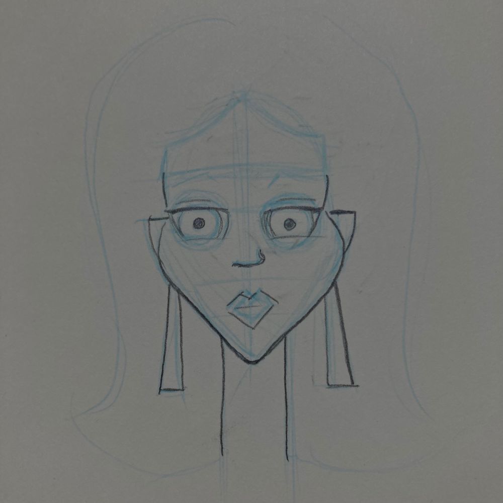 A cartoon of a fashion doll head. Again with large eyes, cheeks, and lips contrasted with a tiny nose and pointy chin. Her hair is not drawn. Still with the inhuman neck tho. 