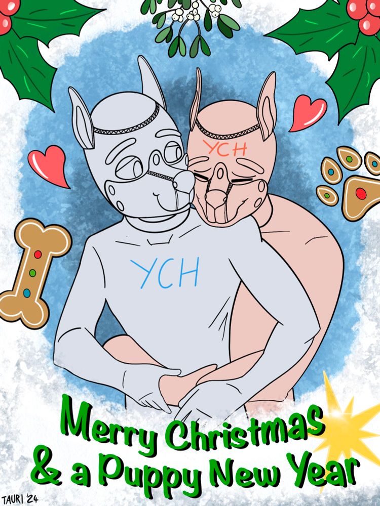 Commission art YCH Template of 2 pups hugging eachother with a Christmas themed border surrounding the subject, with dog themed gingerbread, Holly and mistletoe. Text at the bottom read merry Christmas and a puppy new year 