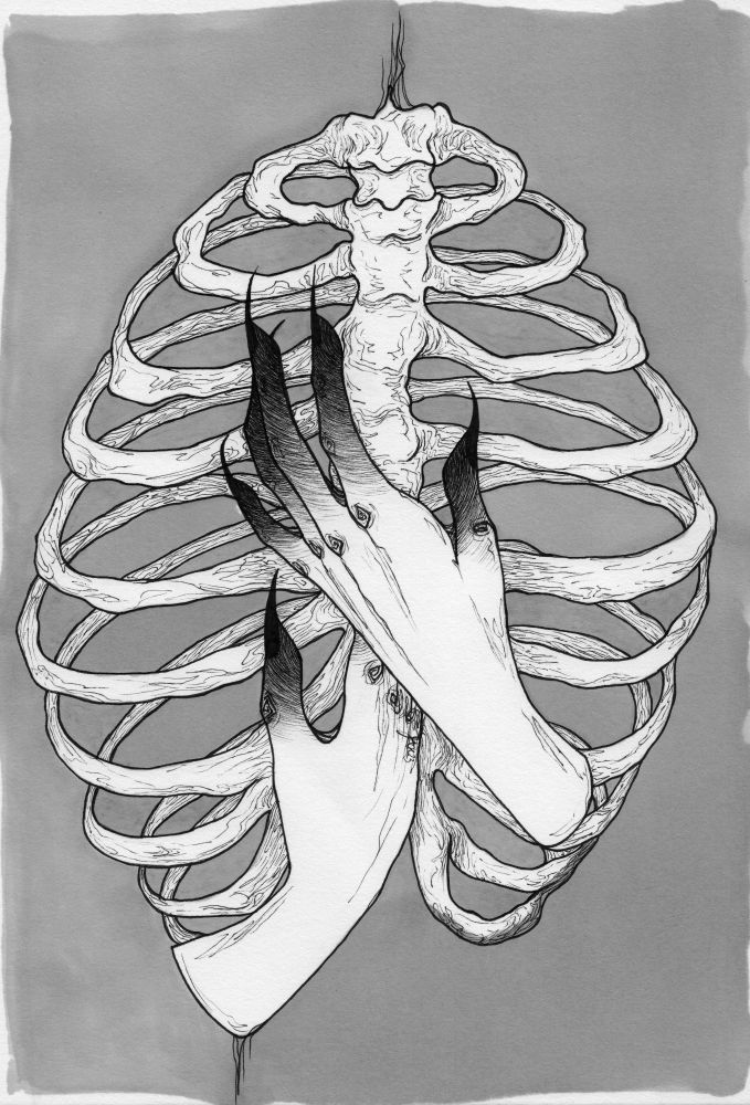 Two disembodied hands with blackened fingertips caress a rib cage.