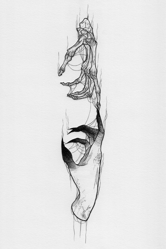 Two hands touch fingertips, posed like The Creation of Adam, however one is a skeletal hand, the other has blackened fingertips. The skeletal hand reaches down, the living one reaches up. Spiderweb-like threads adorn both.