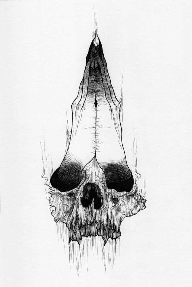 An illustration of a skull with hands in a position of prayer coming out of the eye sockets.