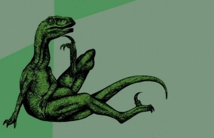 Image of the green velociraptor "philosoraptor" meme on a green background,   displaying the velociraptor's full body