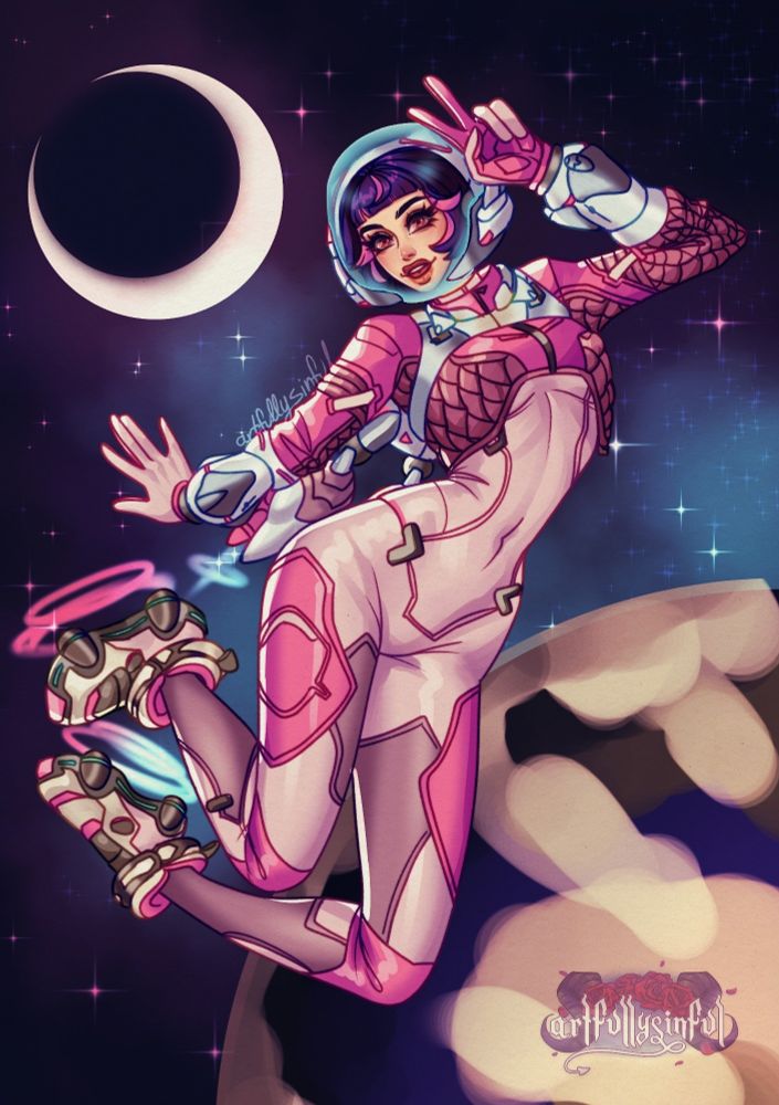 Fanart of Juno in her all pink Venus skin, floating in space with the earth on the bottom right and a crescent moon on the top left
