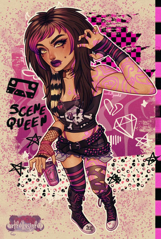 Fan design of Vex from Borderlands 4 as a scene queen with multiple pink and black accessories, holding an energy drink and her other hand doing the claw pose. She has the big poofy scene hair with pink highlights on her bangs and a raccoon tail highlight. 