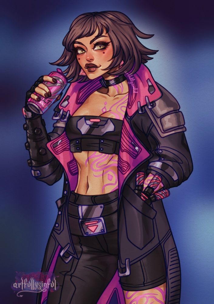 Fanart of Vex, the new playable siren in Borderlands 4 holding an (almost non-toxic) energy drink