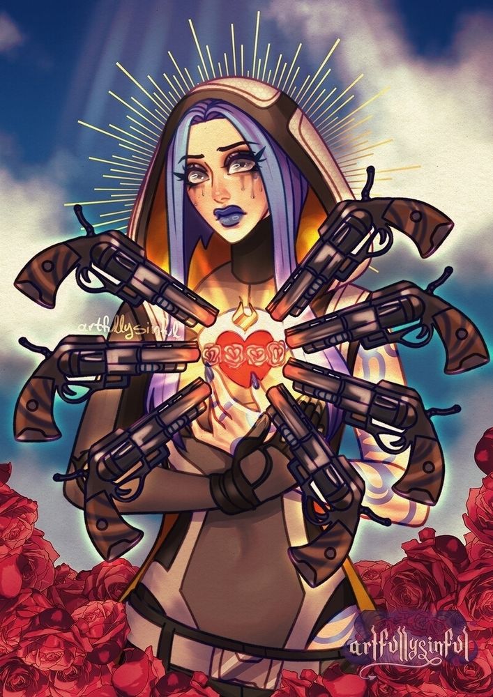 The drawing itself is a religious inspired piece based on the seven sorrows of Mary but with Maya from Borderlands 3 with guns instead of blades. she is also surrounded by roses and the background itself is of the sky