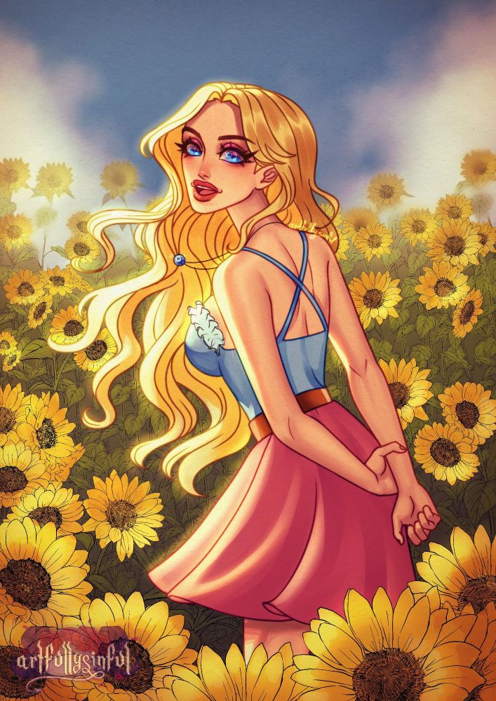 Haley from Stardew Valley in a sunflower field