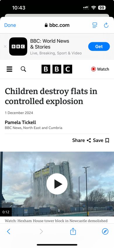 Misleading headline says Children destroy flats in controlled explosion. Actual story reveals that they won the right to do so in a competition 