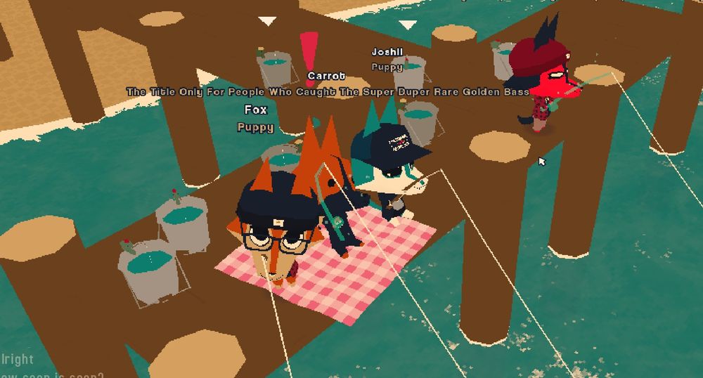 Screenshot from the game WEBFISHING depicting three little guys fishing on a dock