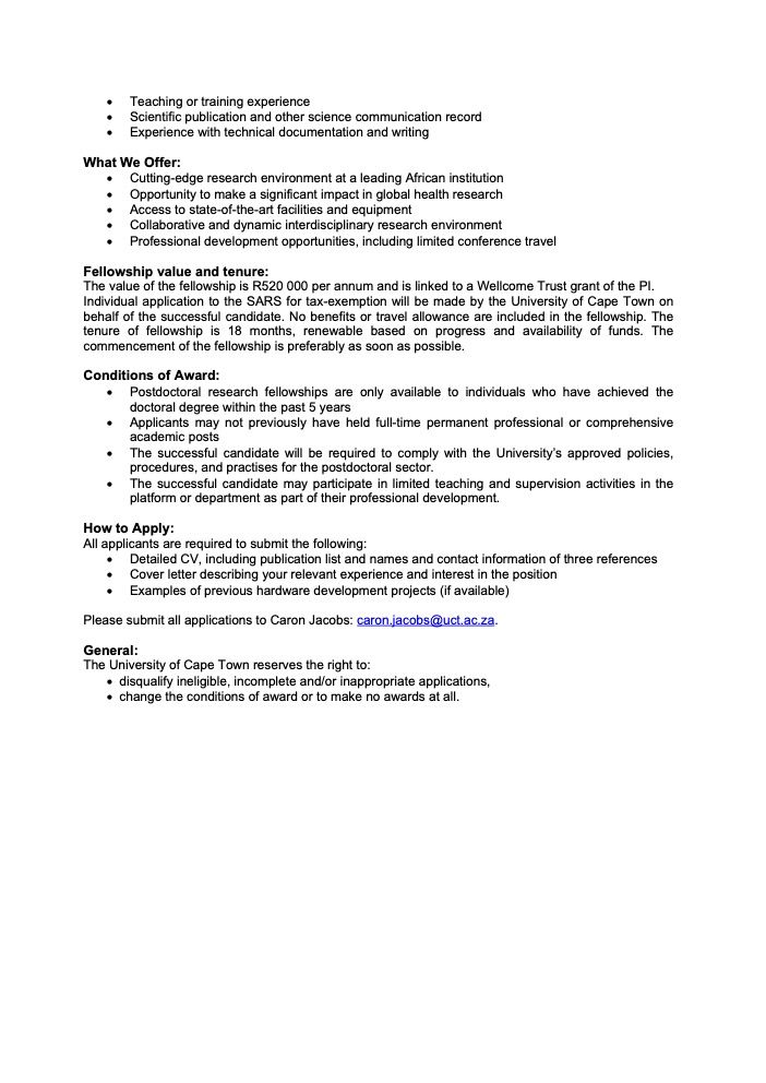 2nd page of Advert for Postdoctoral fellowship in the Institute of Infectious Disease & Molecular Medicine, University of Cape Town. The project focuses on building modular mobile microscopes for bioimaging in low-resource settings. Contact caron.jacobs[at]uct.ac.za for more info.