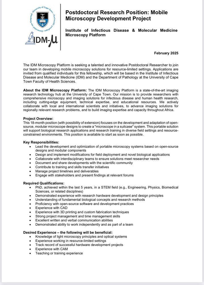 Advert for postdoctoral fellowship available at University of Cape Town, in the Institute of Infectious Disease and Molecular Medicine Microscopy Platform. Position is open to recent PhD graduates from diverse STEM backgrounds. Please submit applications to Caron.jacobs [at] uct.ac.za
