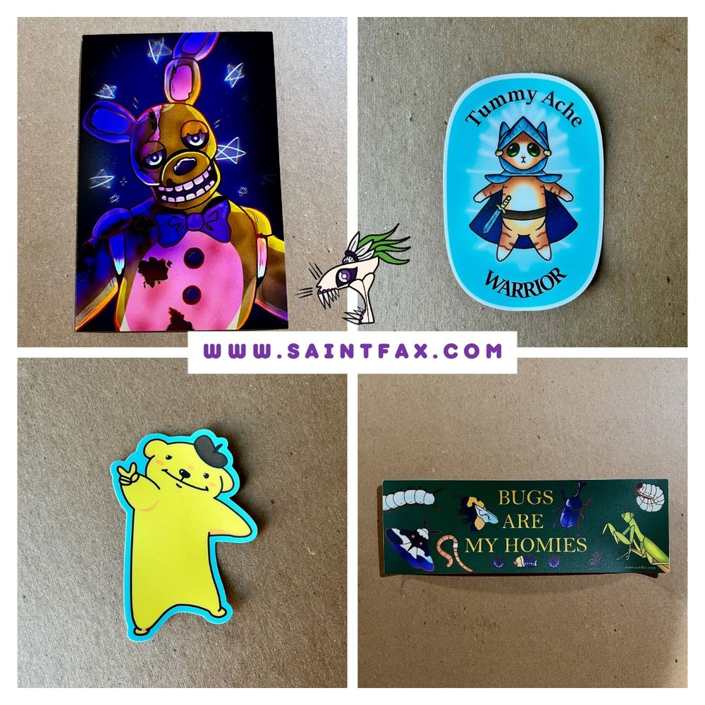 A collage of merchandise from www.saintfax.com that features a print of a decayed yellow rabbit animatronic, a sticker of an orange kitten in knight armor with text that reads “tummy ache WARRIOR”, a yellow dog with a brown beret doing a peace sign, a green bumper sticker that reads “BUGS ARE MY HOMIES” and features various insects